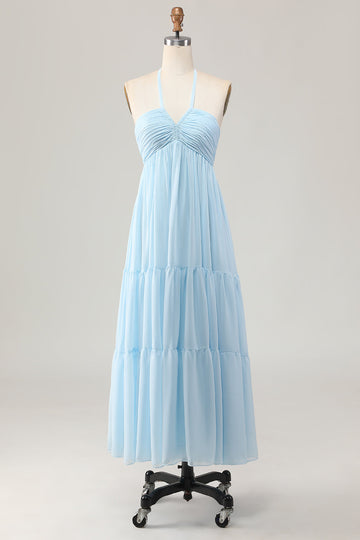 Sky Blue A Line Halter Long Wedding Guest Dress with Lace Up Back